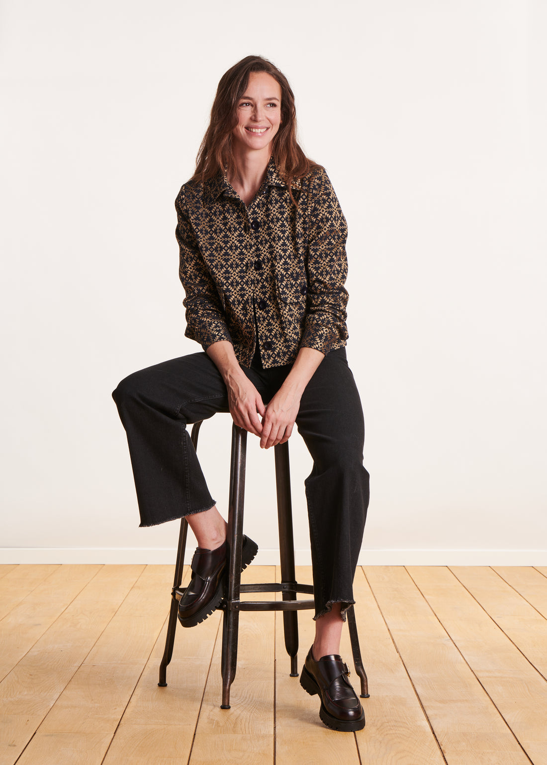 La Fée Maraboutee short black and gold jacquard jacket