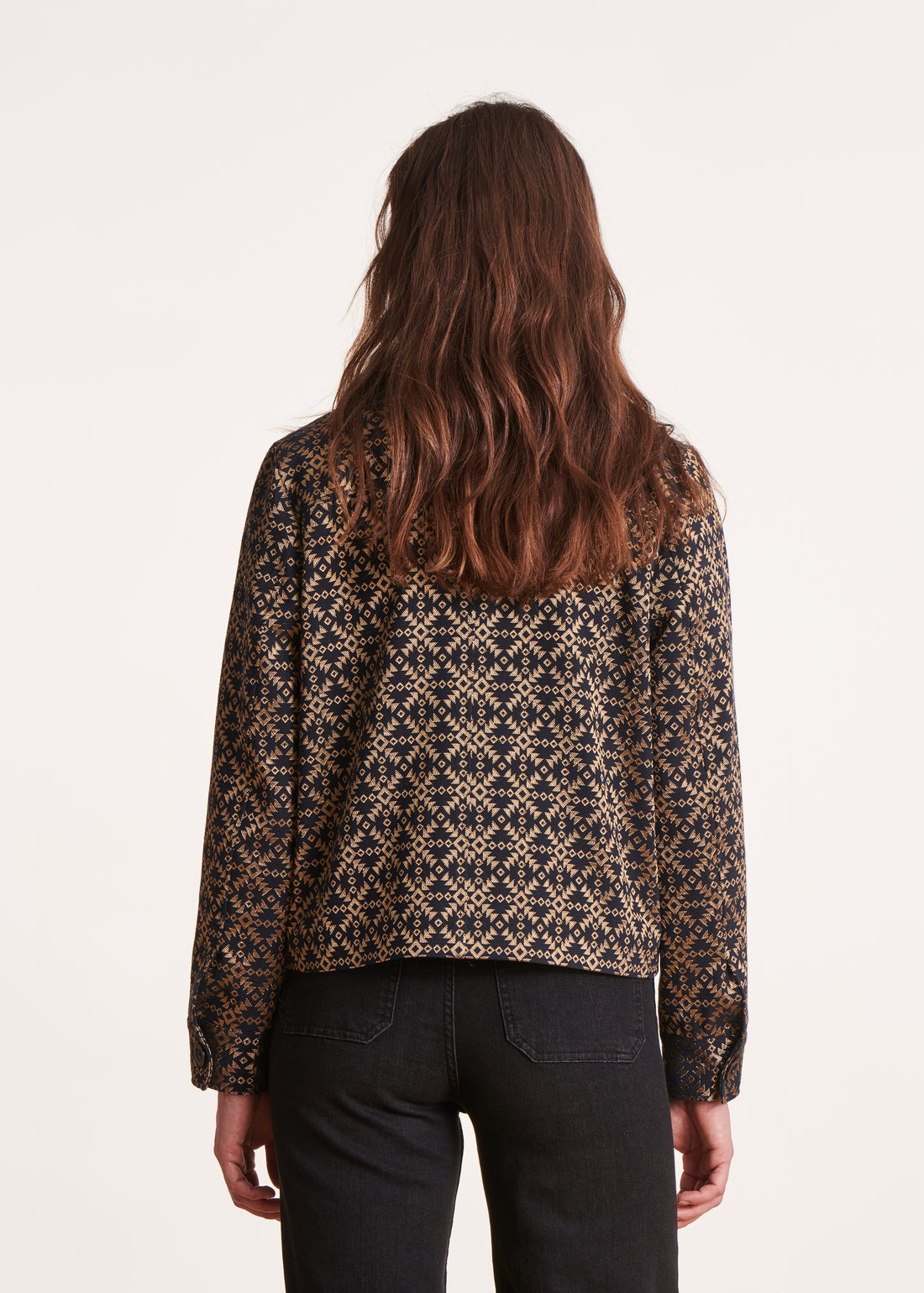 La Fée Maraboutee short black and gold jacquard jacket