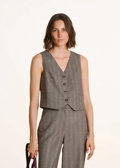 LA FEE MARABOUTEE GREY STRIPED SLEEVELESS BLAZER