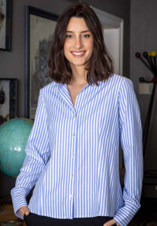 O'Mer blue striped blouse